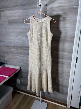 Badgley Mischka Ivory Lace Sleeveless Midi Dress with Flared Hem 2112